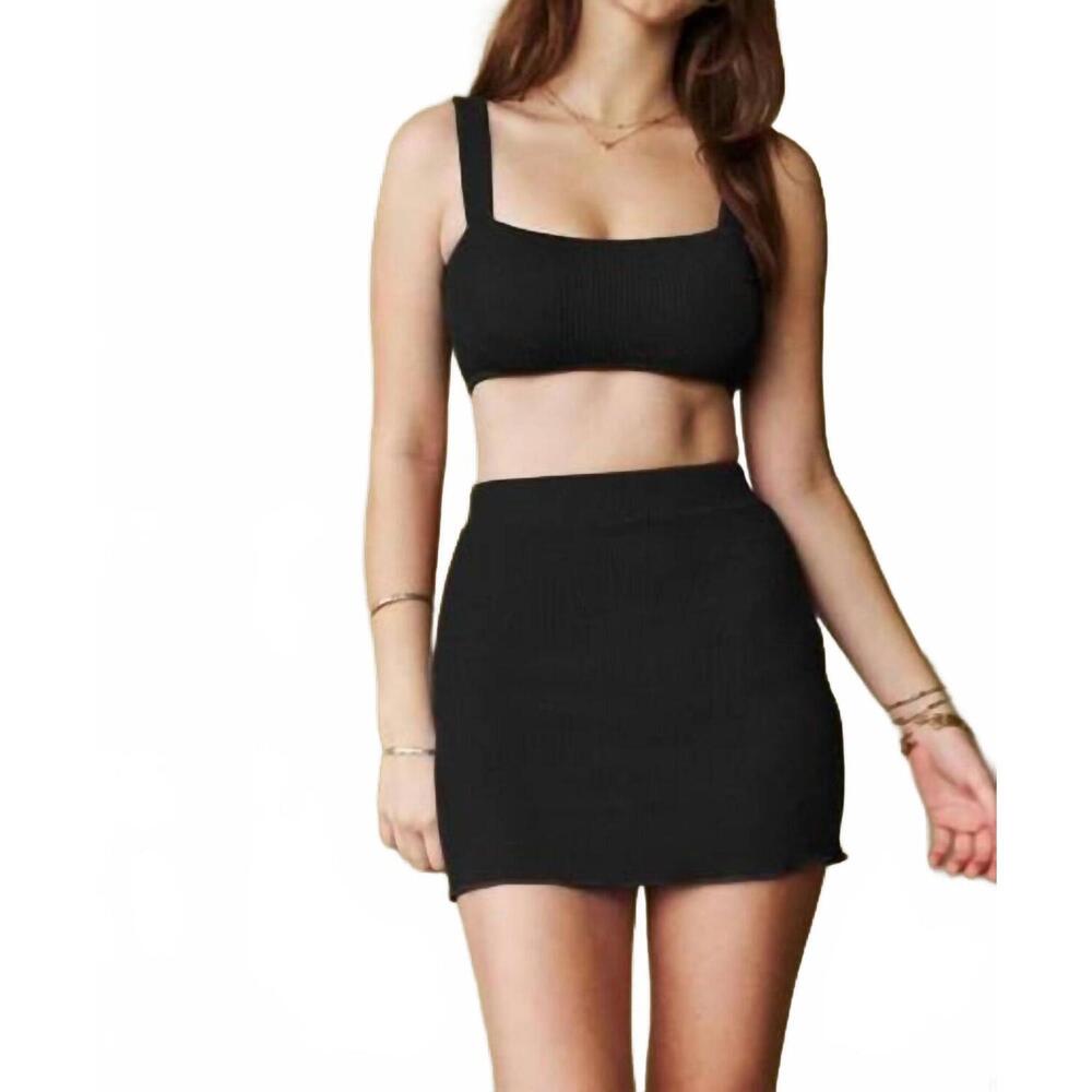 NEW DAVI & DANI crinkle skirt and bikini three piece set in black